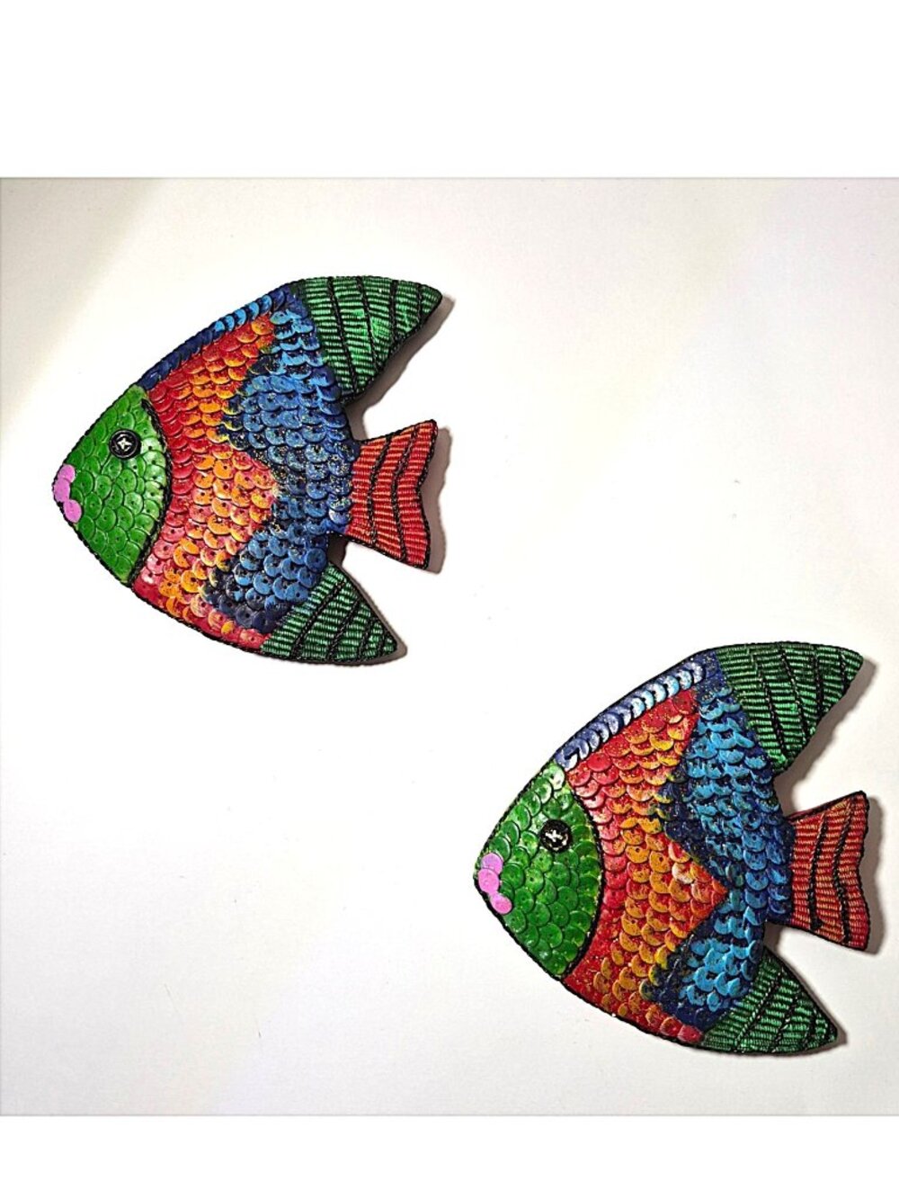 Vintage Handcrafted Sequin & Bead Tropical Colourful Fish Wall Decor - Set of 2